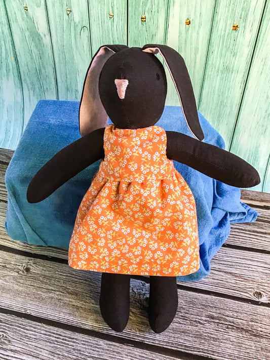 Cloth Bunny Doll with Reversible Dress - Handmade - 100% Cotton Rabbit Toy - June Bunny - Perfect for Pretend Play - Dark Brown