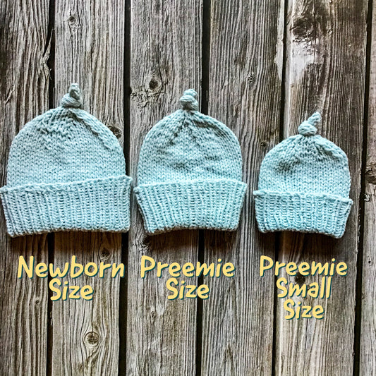 Knotted Preemie Newborn Hat - Knitted Beanie - Baby Blue - In 0 to 3 Month Size, Newborn Size, Preemie Size, and Small Preemie Size
