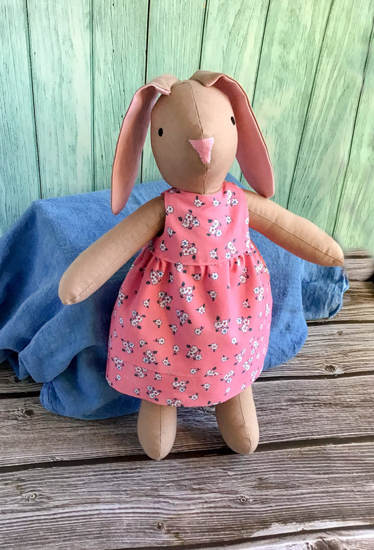 Cloth Bunny Doll with Reversible Dress - Handmade - 100% Cotton Rabbit Toy - May Bunny - Perfect for Pretend Play - Light Brown