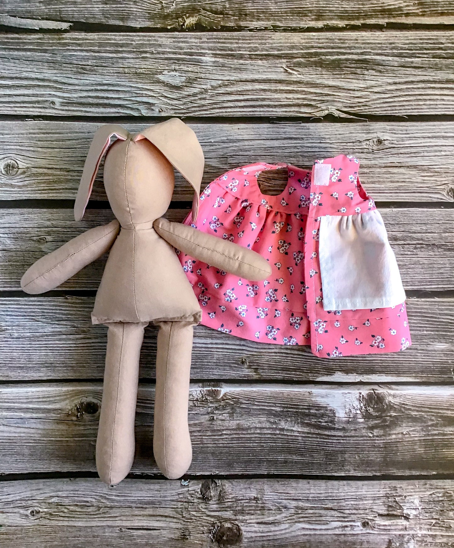 Cloth Bunny Doll with Reversible Dress - Handmade - 100% Cotton Rabbit Toy - May Bunny - Perfect for Pretend Play - Light Brown
