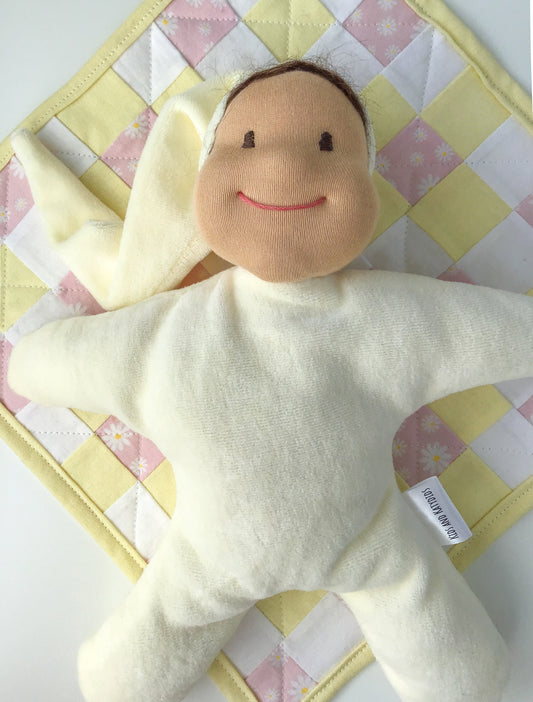 Star Baby Cuddle Doll - Waldorf Inspired - Yellow - Snuggle Lovey - All Natural Materials - 10 Inches (25 cm) - Tan Light Skin - Brown Hair