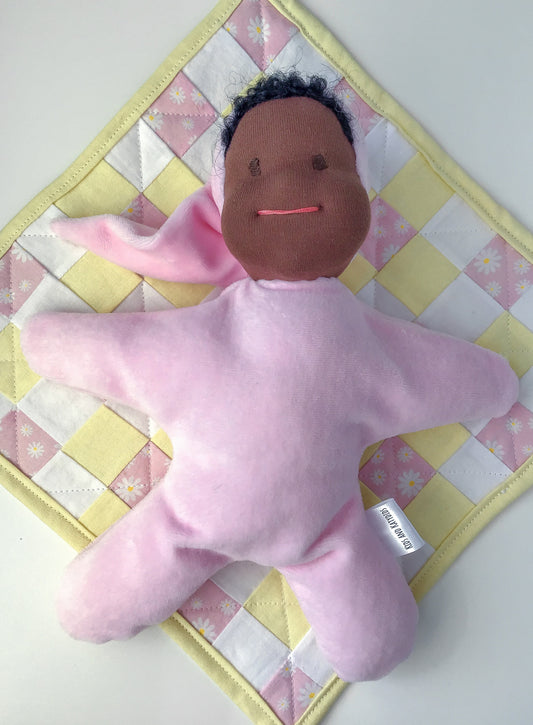 Star Baby Cuddle Doll - Waldorf Inspired - Pink - Snuggle Lovey - All Natural Materials - 10 Inches (25 cm) - Dark Brown Skin - Black Hair