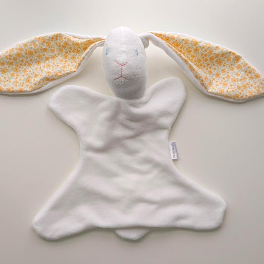 Bunny Lovey Blankie: Handmade Soft White Velour Baby Comfort Toy with Sweet Floral/Plaid Lining