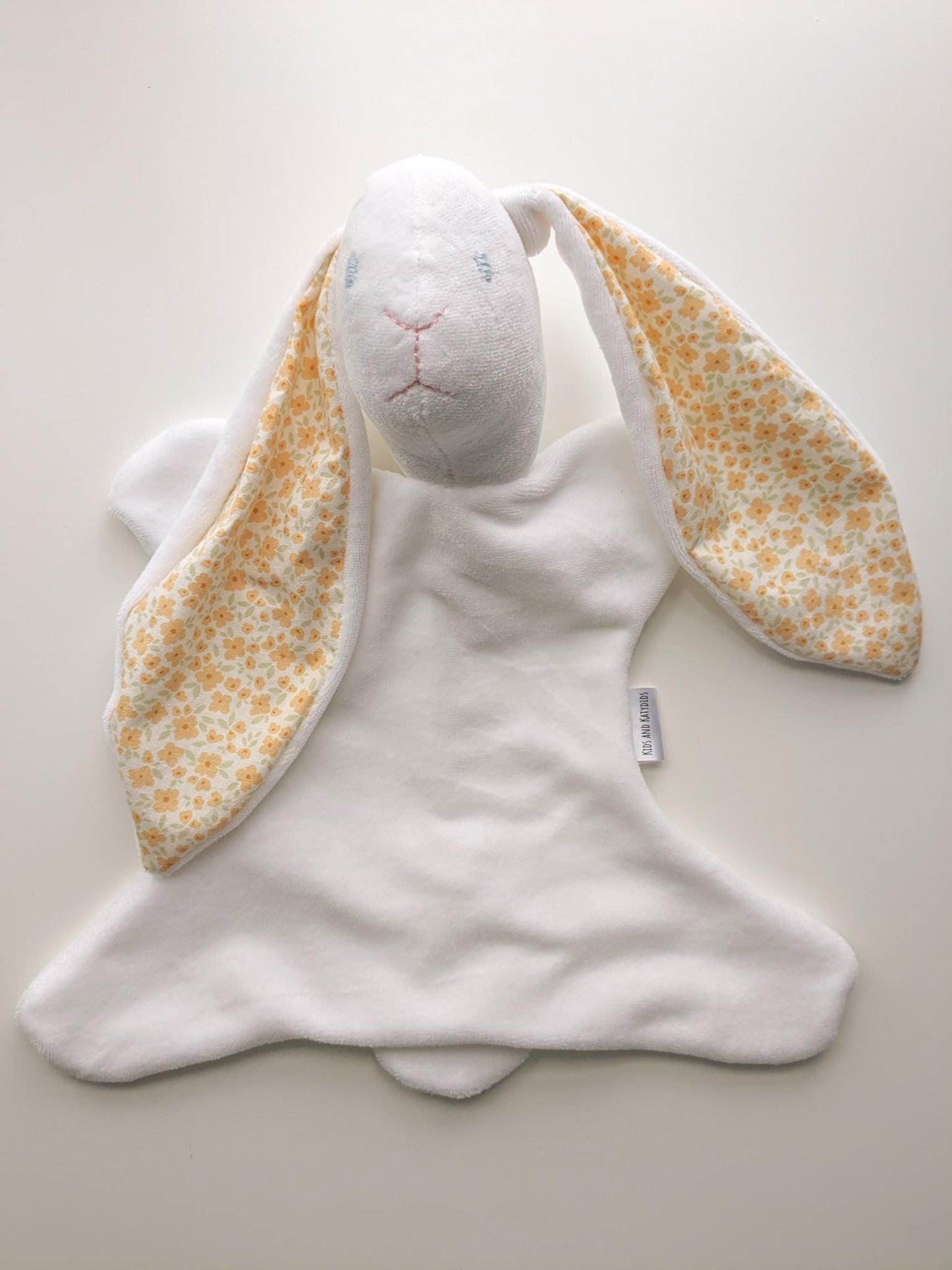 Bunny Lovey Blankie: Handmade Soft White Velour Baby Comfort Toy with Sweet Floral/Plaid Lining