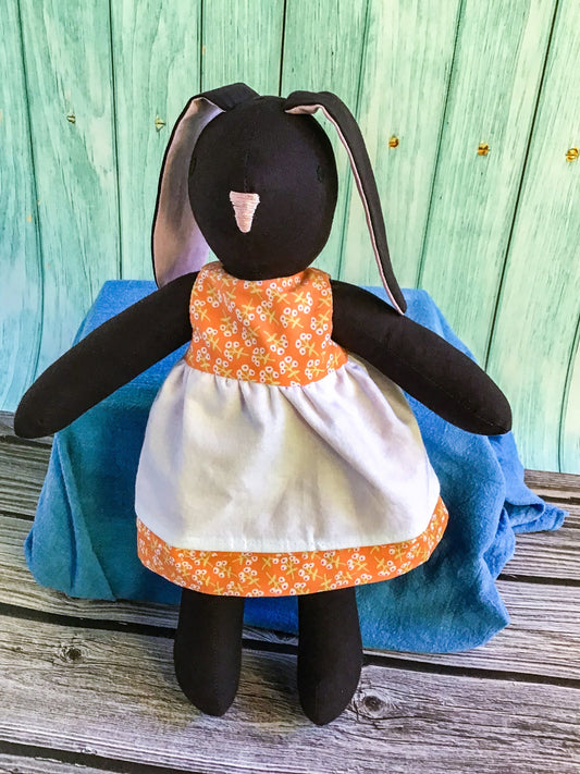 Cloth Bunny Doll with Reversible Dress - Handmade - 100% Cotton Rabbit Toy - June Bunny - Perfect for Pretend Play - Dark Brown
