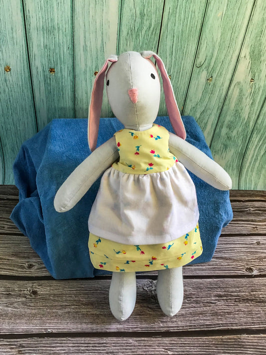 Cloth Bunny Doll with Reversible Dress - Handmade - 100% Cotton Rabbit Toy - April Bunny - Perfect for Pretend Play - Gray