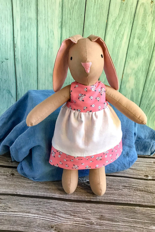 Cloth Bunny Doll with Reversible Dress - Handmade - 100% Cotton Rabbit Toy - May Bunny - Perfect for Pretend Play - Light Brown