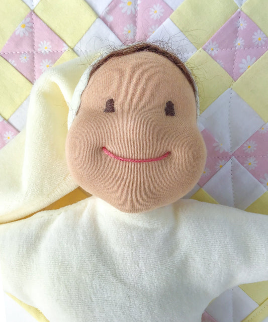 Star Baby Cuddle Doll - Waldorf Inspired - Yellow - Snuggle Lovey - All Natural Materials - 10 Inches (25 cm) - Tan Light Skin - Brown Hair