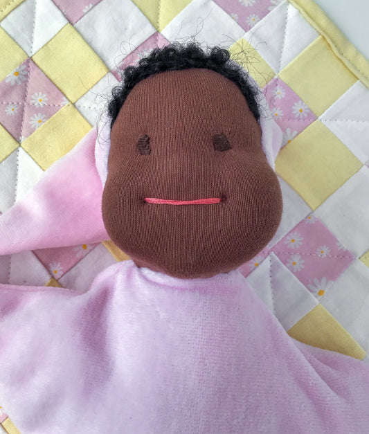 Star Baby Cuddle Doll - Waldorf Inspired - Pink - Snuggle Lovey - All Natural Materials - 10 Inches (25 cm) - Dark Brown Skin - Black Hair