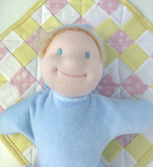 Star Baby Cuddle Doll - Waldorf Inspired - Blue - Snuggle Lovey - All Natural Materials - 10 Inches (25 cm) - Light Pale Skin - Blonde Hair