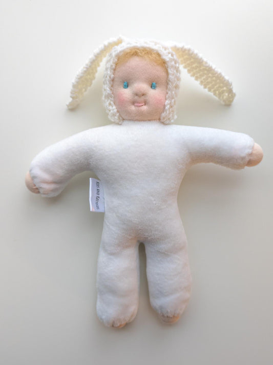 Handcrafted Bunny Cuddle Doll with Wool Egg Basket - Waldorf Inspired - Eco-Friendly Materials - Soft and Sweet - Light Pale Skin Blonde
