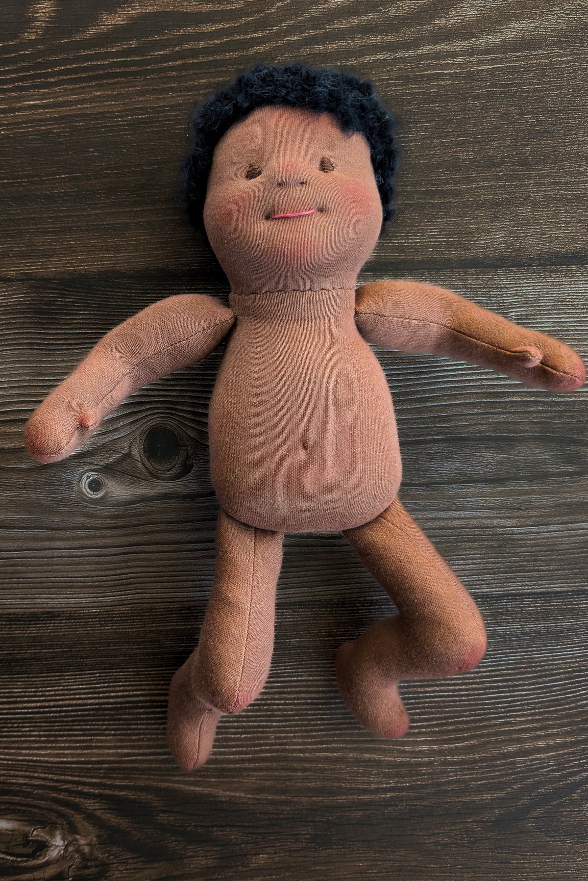 Waldorf Baby Doll: 12" Dark Skin - Black Mohair Hair - One of a Kind