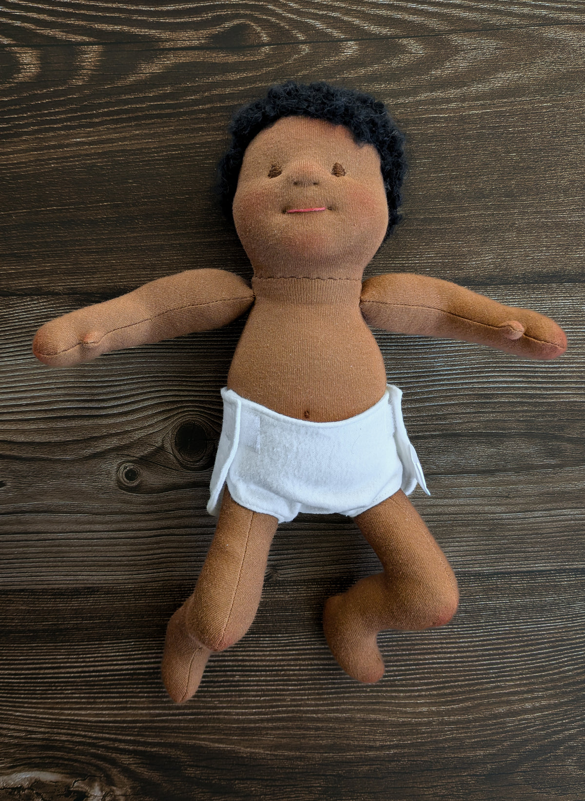 Waldorf Baby Doll: 12" Dark Skin - Black Mohair Hair - One of a Kind