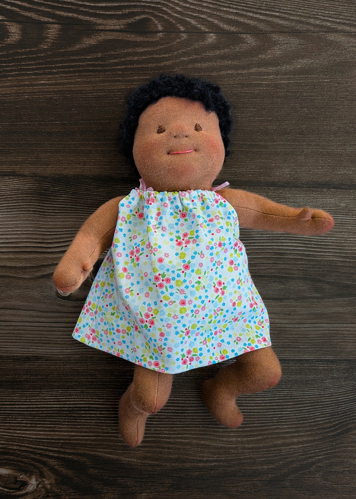 Waldorf Baby Doll: 12" Dark Skin - Black Mohair Hair - One of a Kind